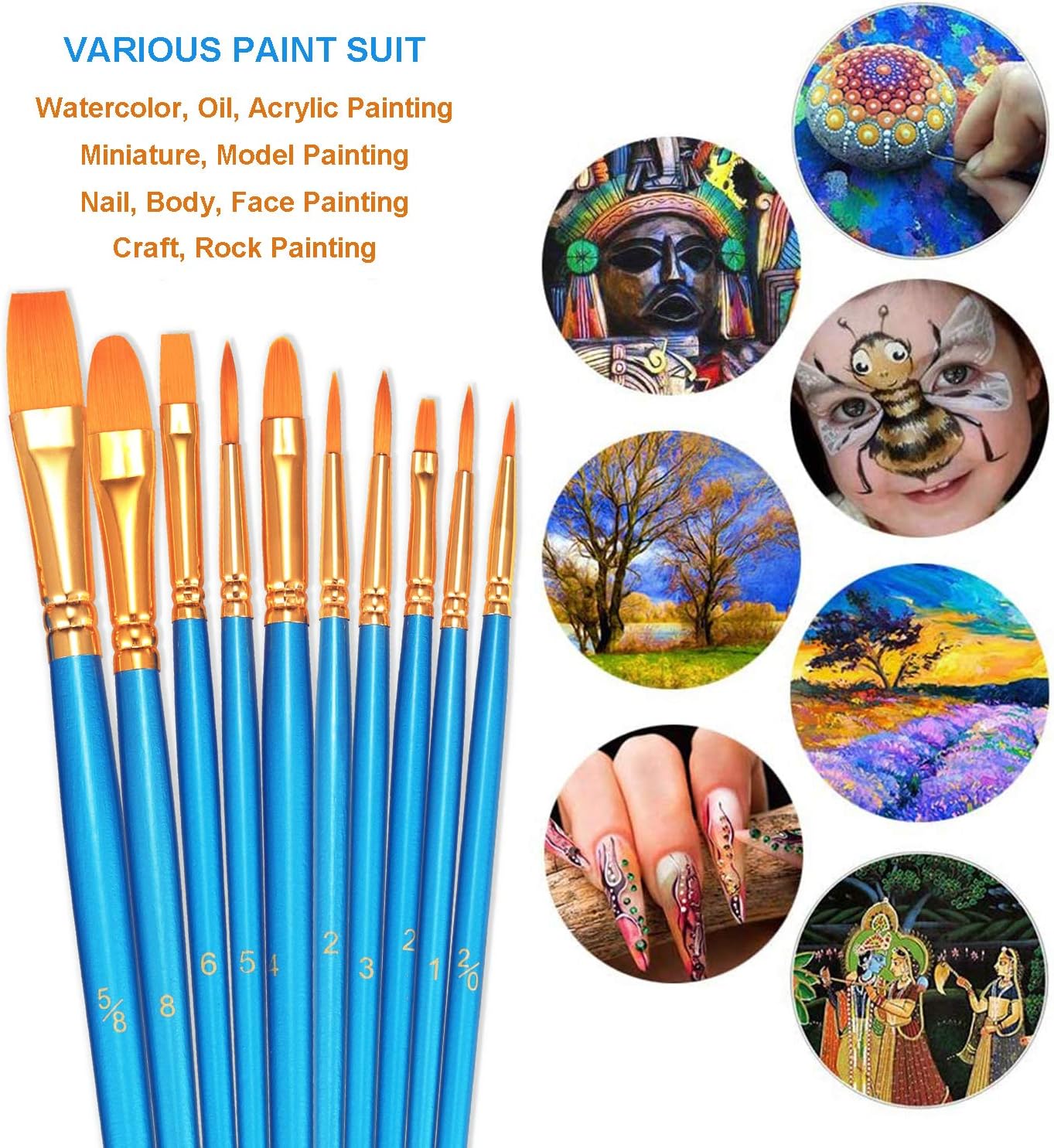 BOSOBO Paint Brushes Set, 2 Pack 20 Pcs Round-Pointed Tip Nylon Hair Artist Acrylic Paint Brushes for Acrylic Painting Oil Watercolor, Face Nail Art, Canvas, Miniature Detailing & Rock Painting, Blue