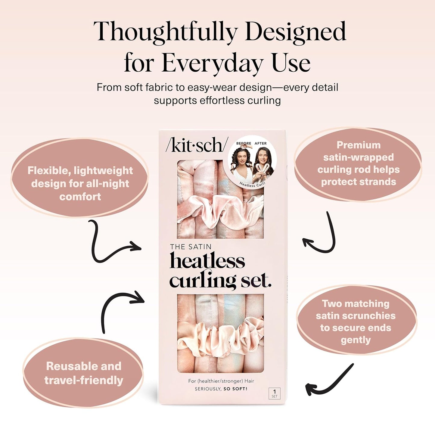 Kitsch Satin Heatless Curlers Set – Heatless Curls Overnight with 34" 