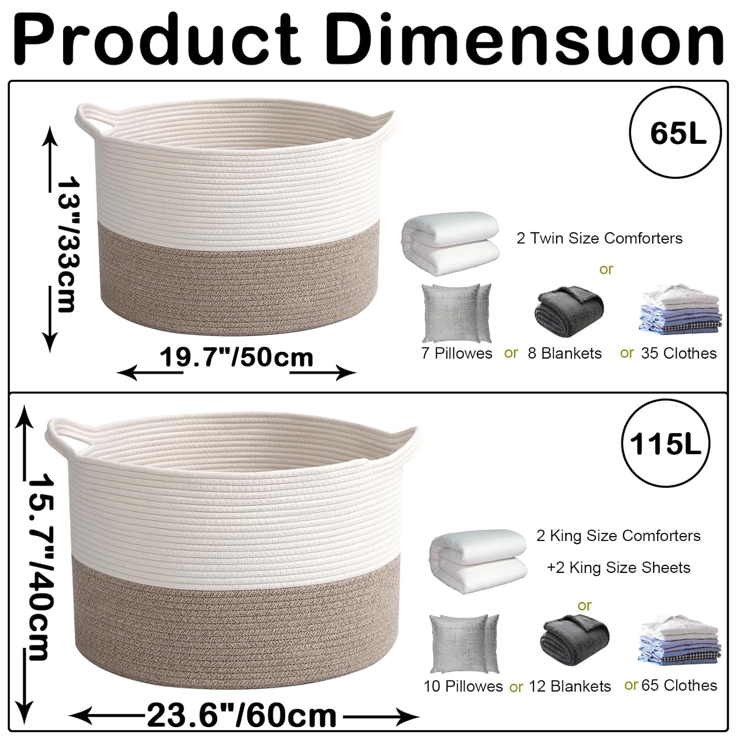 65L Large Blanket Basket,19.7" L x 19.7" W x 13" H Rope Woven Baskets 