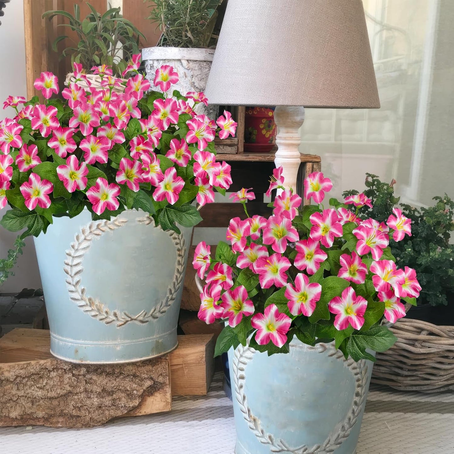 2Pcs Artificial Flowers with 7 Branches Fake Petunias Plants Outside Rose Red Silk Morning Glory UV Resistant Realistic Faux Tropical Flowers for Planter Outdoors Porch Patio Yard Garden Window