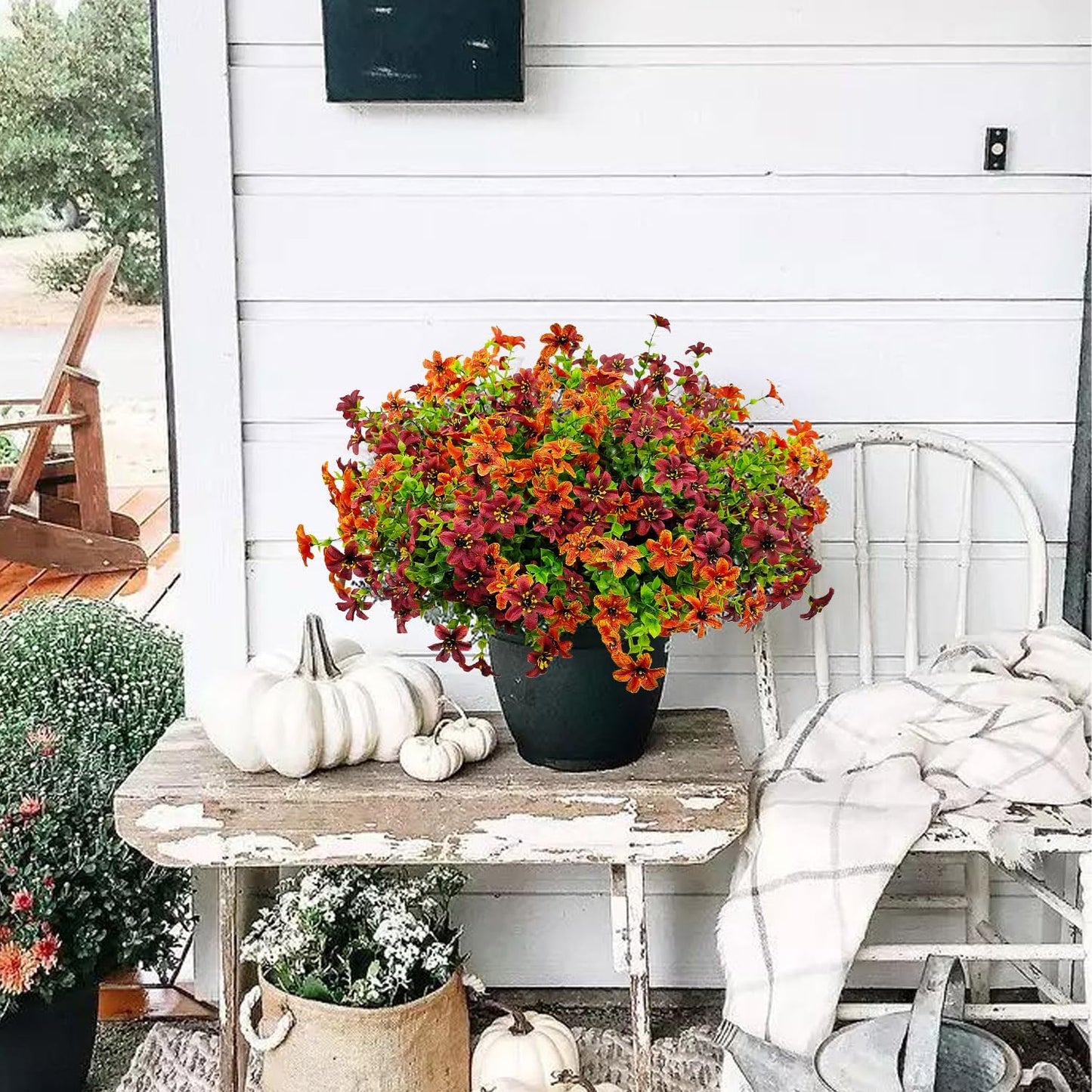 12 Bundles Faux Fall Flowers Artificial Mums for Outdoors Fake Plants UV Resistant for Planters Pots Garden Outside Front Porch Patio Hanging Basket Home Autumn Decoration (Orange+Brown)