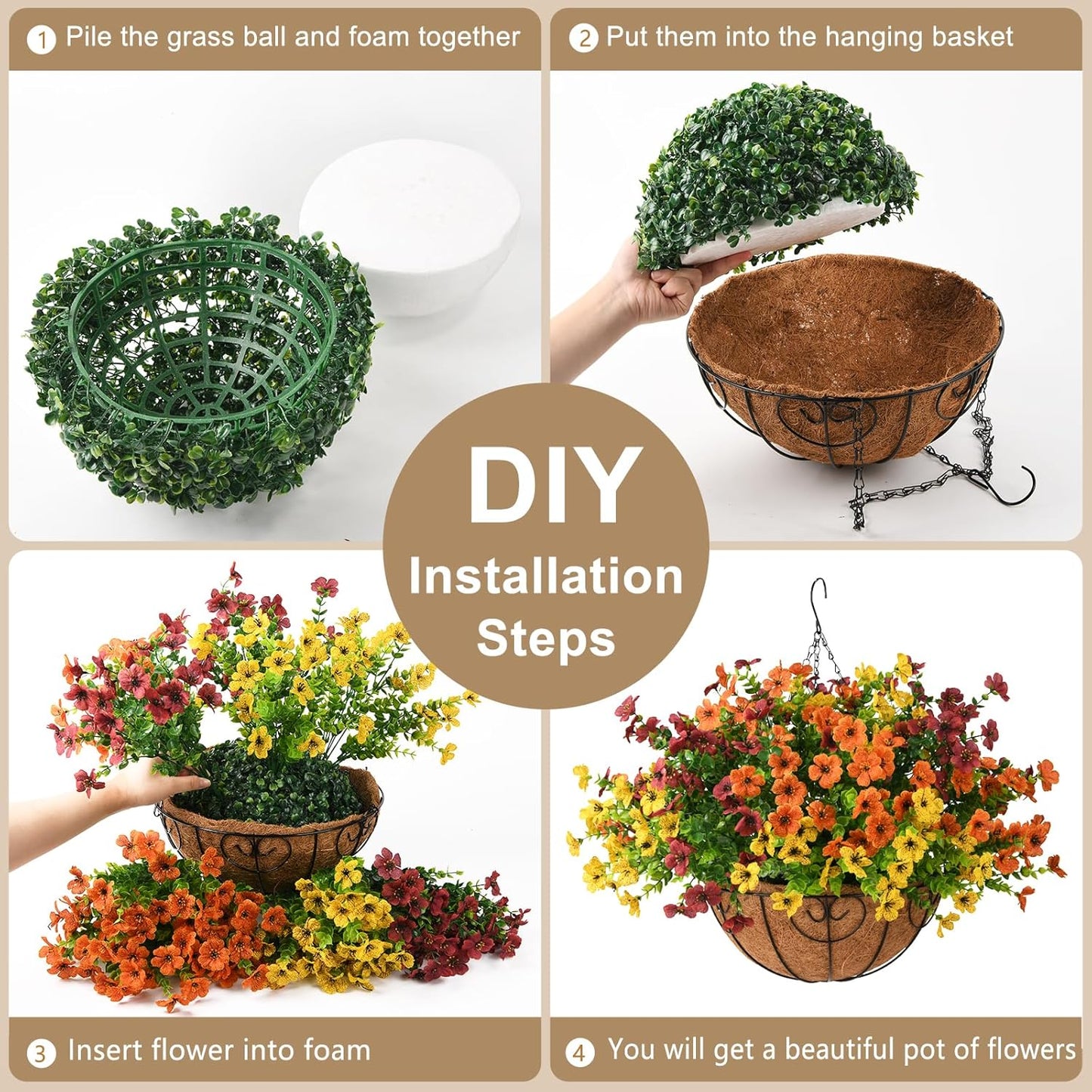 Artificial Fake Hanging Plants Flowers Basket, Faux Silk Daisy in Planter Realistic UV Resistant for Outside Home Patio Balcony Yard Mums Autumn Outdoor Decoration (Orange Brown Yellow)