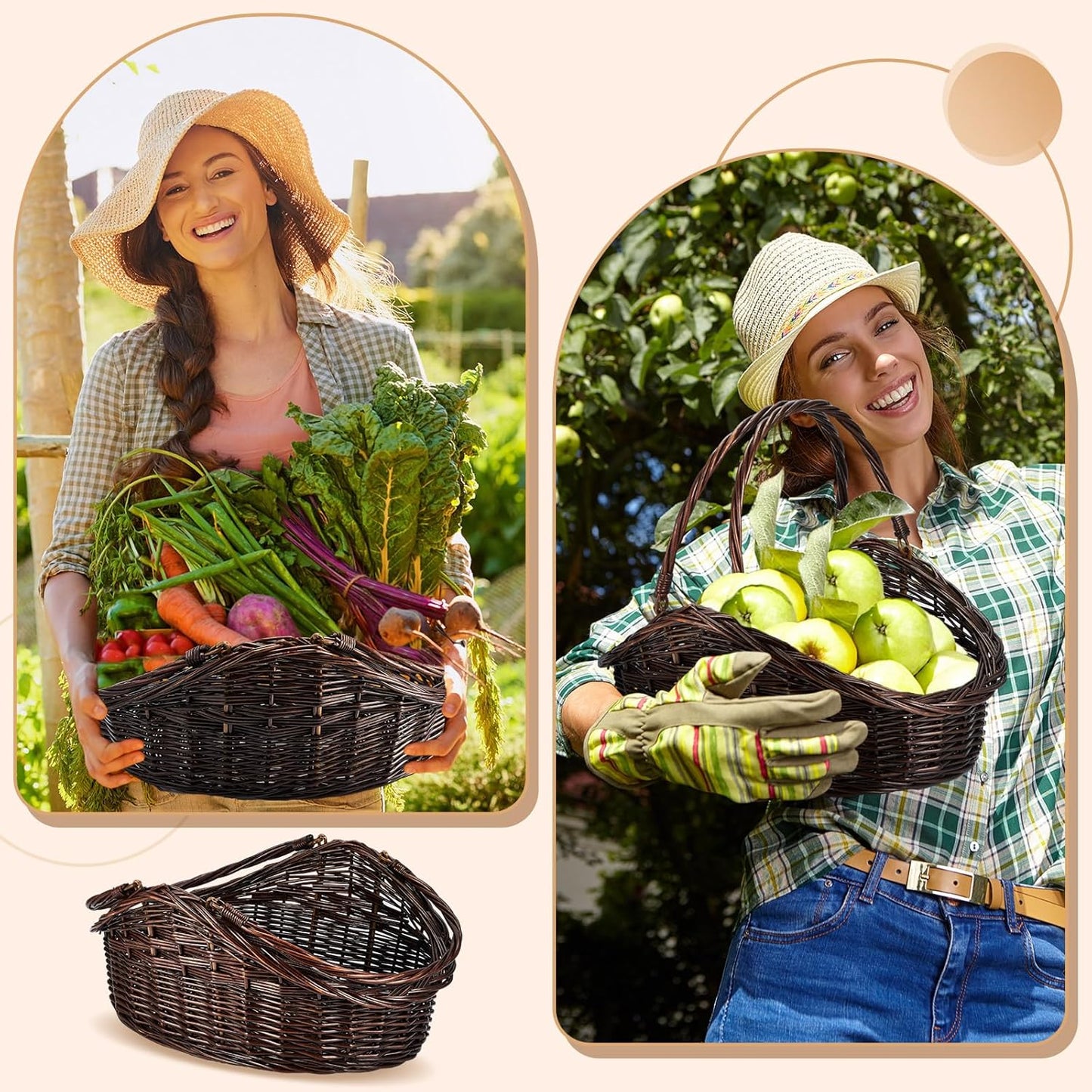 Juexica 2 Pcs Wicker Basket Set - Harvest Baskets for Gathering, Foraging, Garden Trug, Easter, Flowers, Fruit, Storage & Organizing Gift, Large & Medium Dark Brown