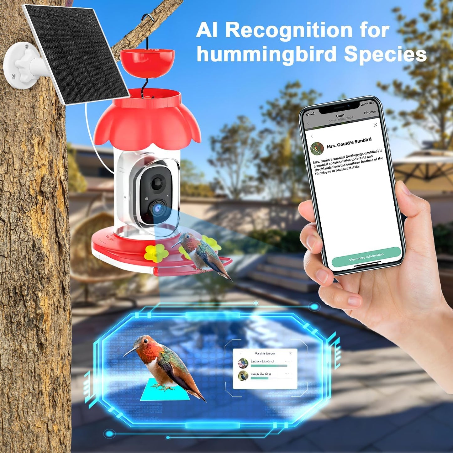 Hummingbird Feeder with Camera, Smart Hummingbird Feeder Camera Solar Powered with AI Identify, Auto Capture Bird Videos & Motion Detection, Ideal Gift for Bird Lovers