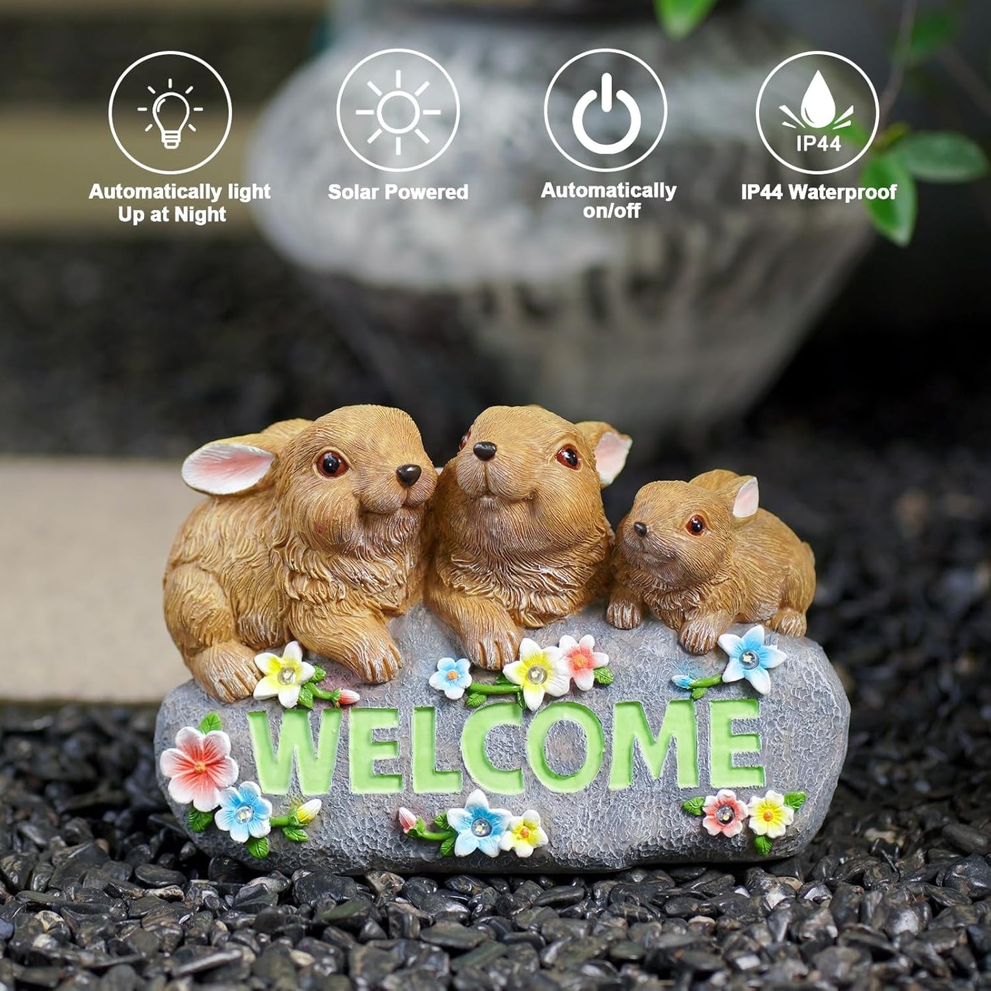 Goodeco Solar Rabbits with Welcome Sign - Outdoor Bunny Decor with Solar LED Lights - Rabbit Garden Decor & Outdoor Light-Up Gifts for Women, Moms or Birthdays