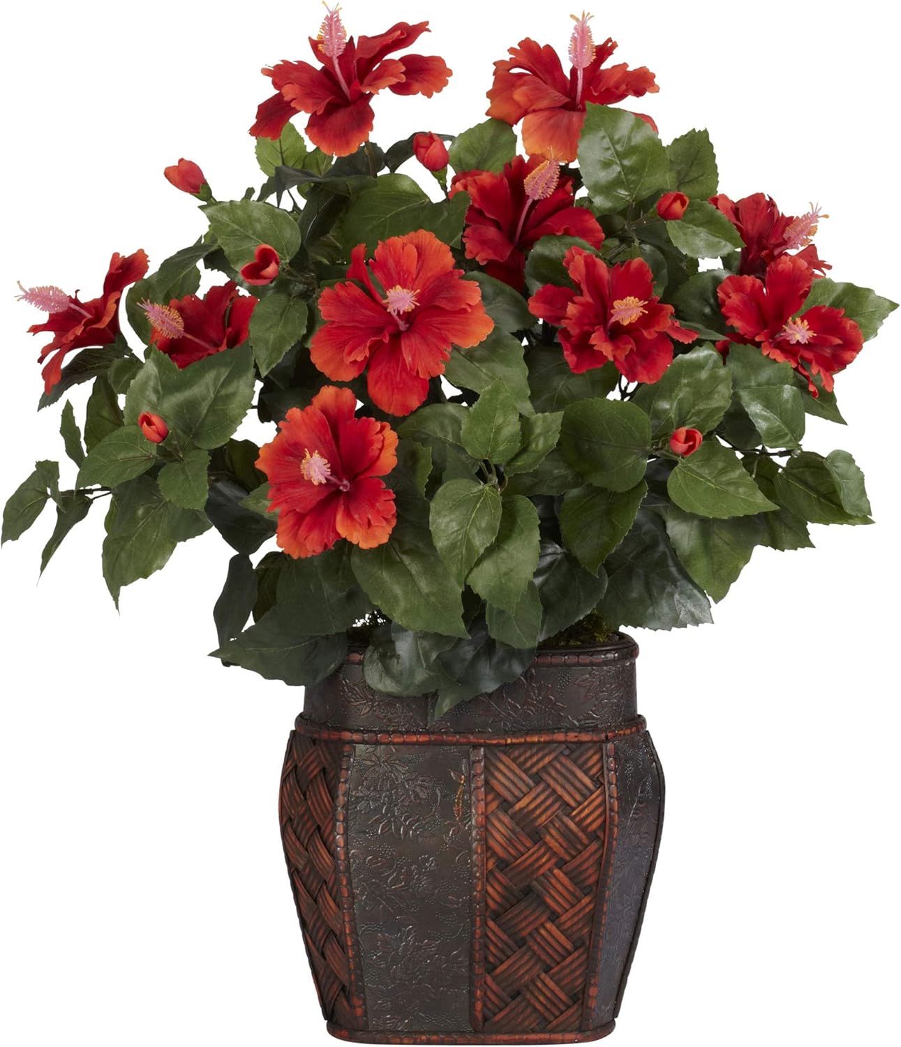Nearly Natural 6667 Hibiscus with Vase Decorative Silk Plant, Red 24" x 24" x 19"