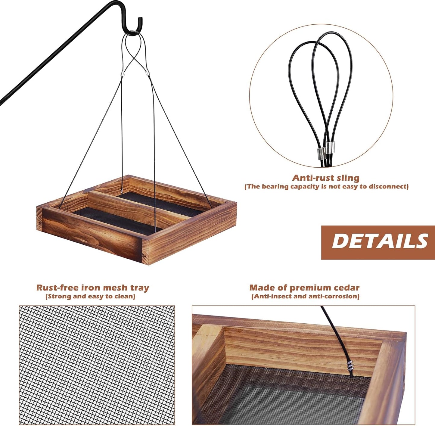 MIXXIDEA Bird Feeder Hanging Tray, Seed Tray Wooden Platform Hummingbird Feeder Hanging Tray Mesh Seed Platform for Garden Yard Outside Decoration Attracting for Wild Birds(Brown-1pk)