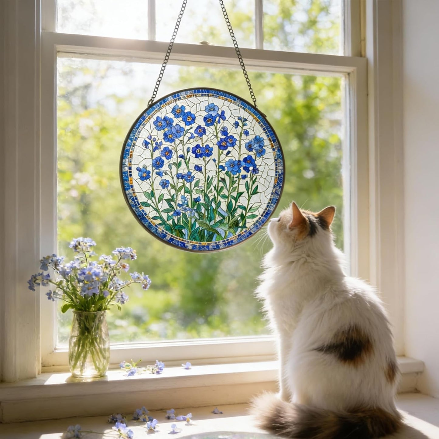 Forget-Me-Not Flower Stained Glass Suncatcher, 7.8 Inch Handmade Blue Floral Window Hanging Decor - Garden, Home Gift for Women, Mom, Grandma (Blue, Medium)