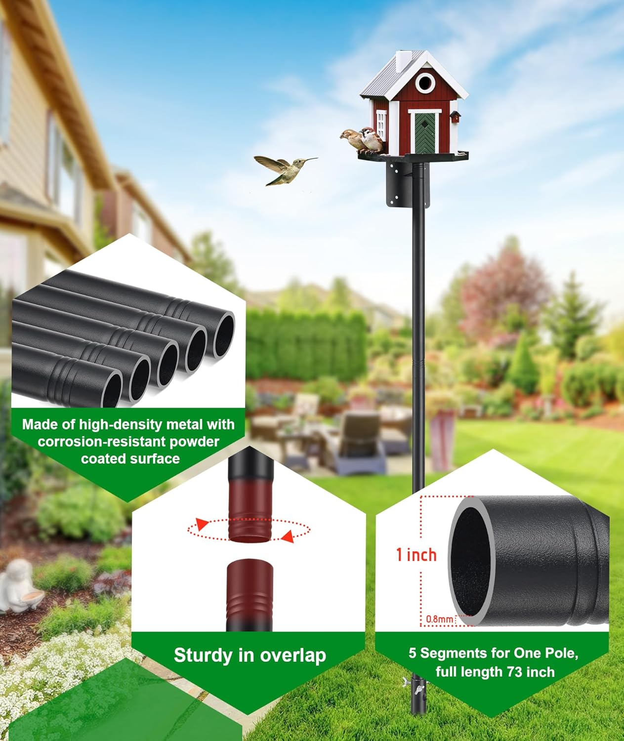 Heavy Duty Bird Feeder Pole - 73 Inch Adjustable 1 Inch Metal Bird House Pole with 14” Deep Auger Base | Outdoor Mount Kit for Bluebird Houses, Hummingbird Feeders, Smart Bird Feeder with Camera