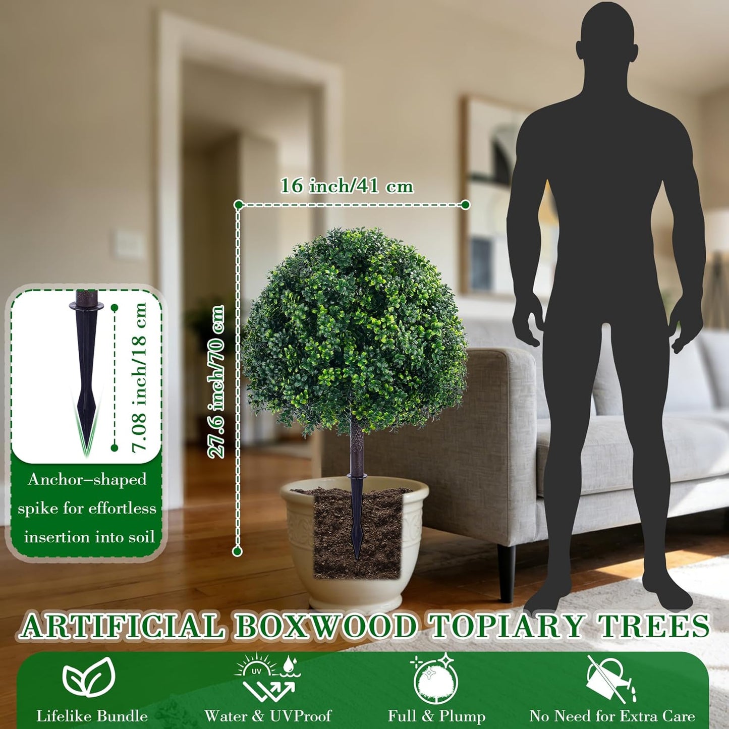 28 Inch Artificial Boxwood Trees, 2 Sets Faux Boxwood Topiary with Spikes, Pot Filler Fake Shrubs Plants for Outdoor Planters, Round Topiary Bush Balls Front Porch Home Garden Spring Decor