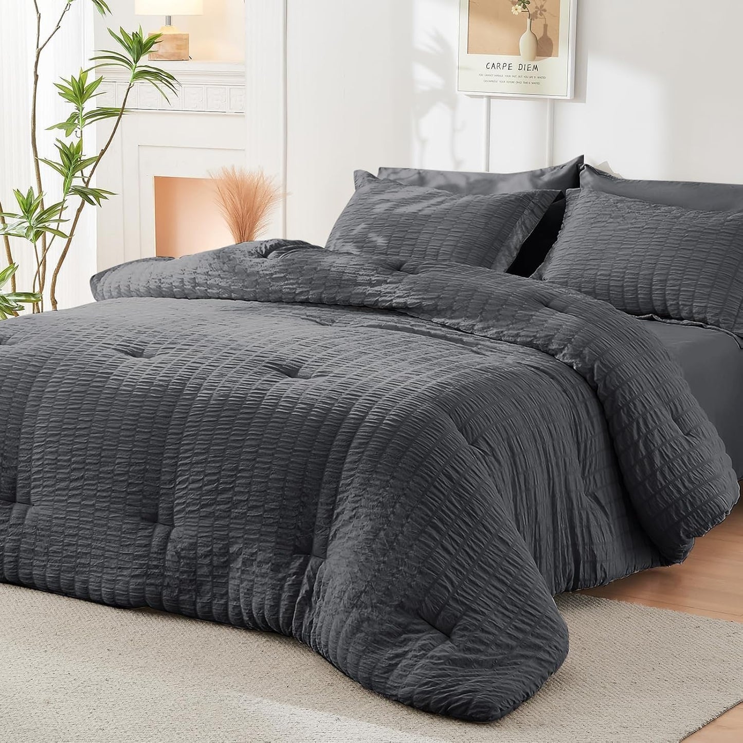 HYMOKEGE Queen Comforter Set Seersucker 7 Pieces, All Season Luxury Be