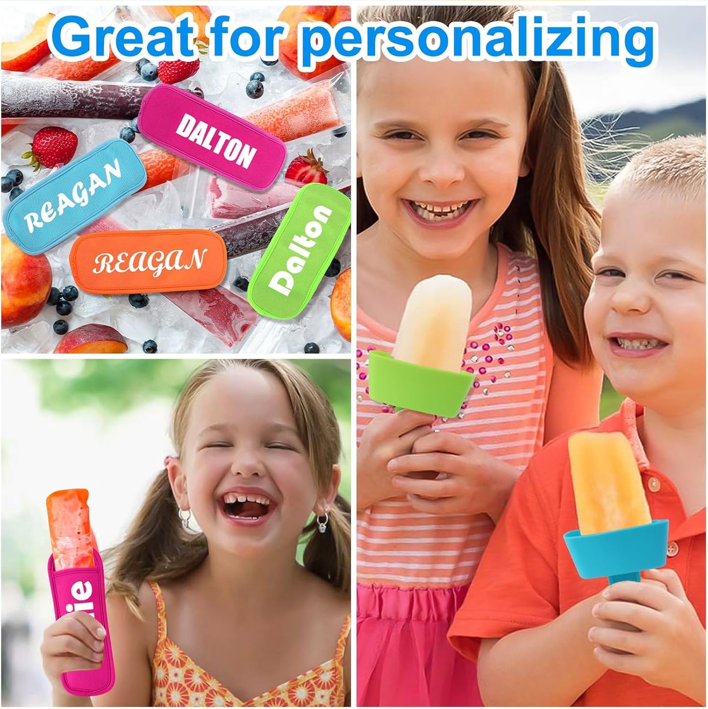 AIERSA 8pcs Popsicle Holders and Ice Pop Sleeves Set for kids No Drip, Silicone Popsicle Holder with Straw and Reusable Neopreneee Freeze Popsicle Sleeves for Toddlers Mess Free, No Freezing Hands