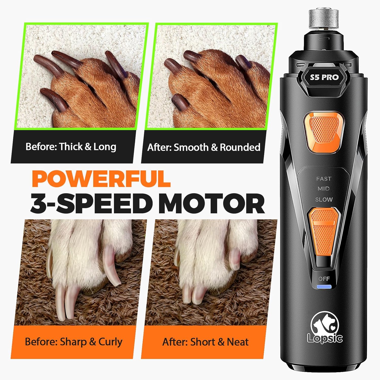 Whisper Quiet Dog Nail Grinder with LED Light, Safe & Stress-Free for 