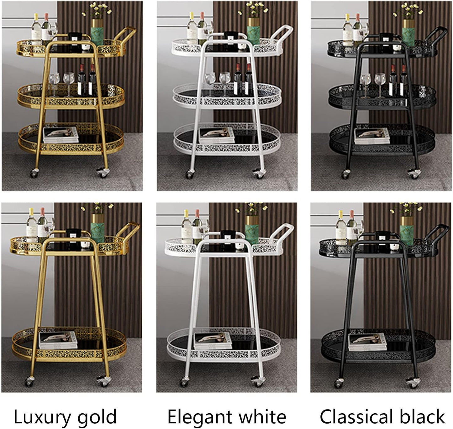 Retro Wrought Iron Kitchen Service Trolley, Household Wine Trolley and Tea Trolley, Wheeled Beauty Salon Trolley (White 3 Layers) (Golden 3 layers)