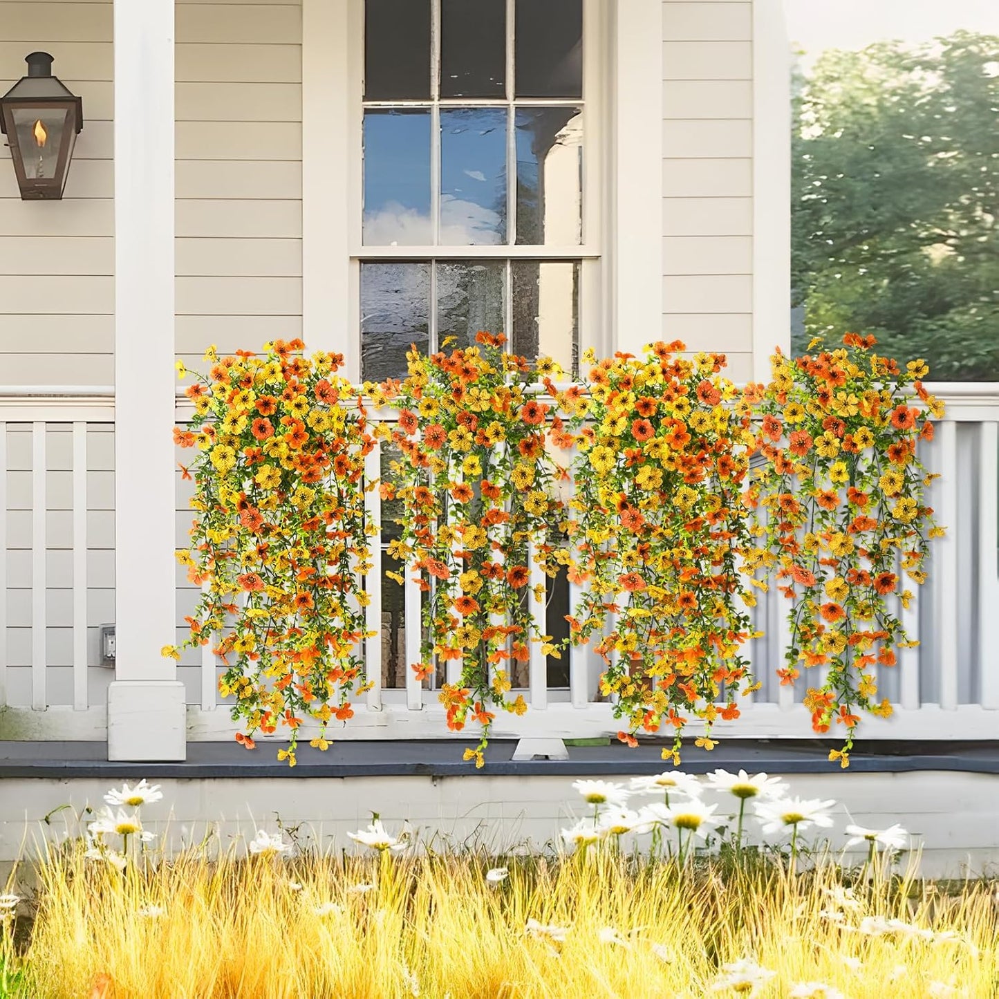 Artificial Hanging Flowers Plants for Outdoor Spring Summer Decoration,2PCS Faux Silk Daisy UV Resistant Look Real for Outside Home Indoor Planter Porch Garden Yard Decor(Yellow Orange)