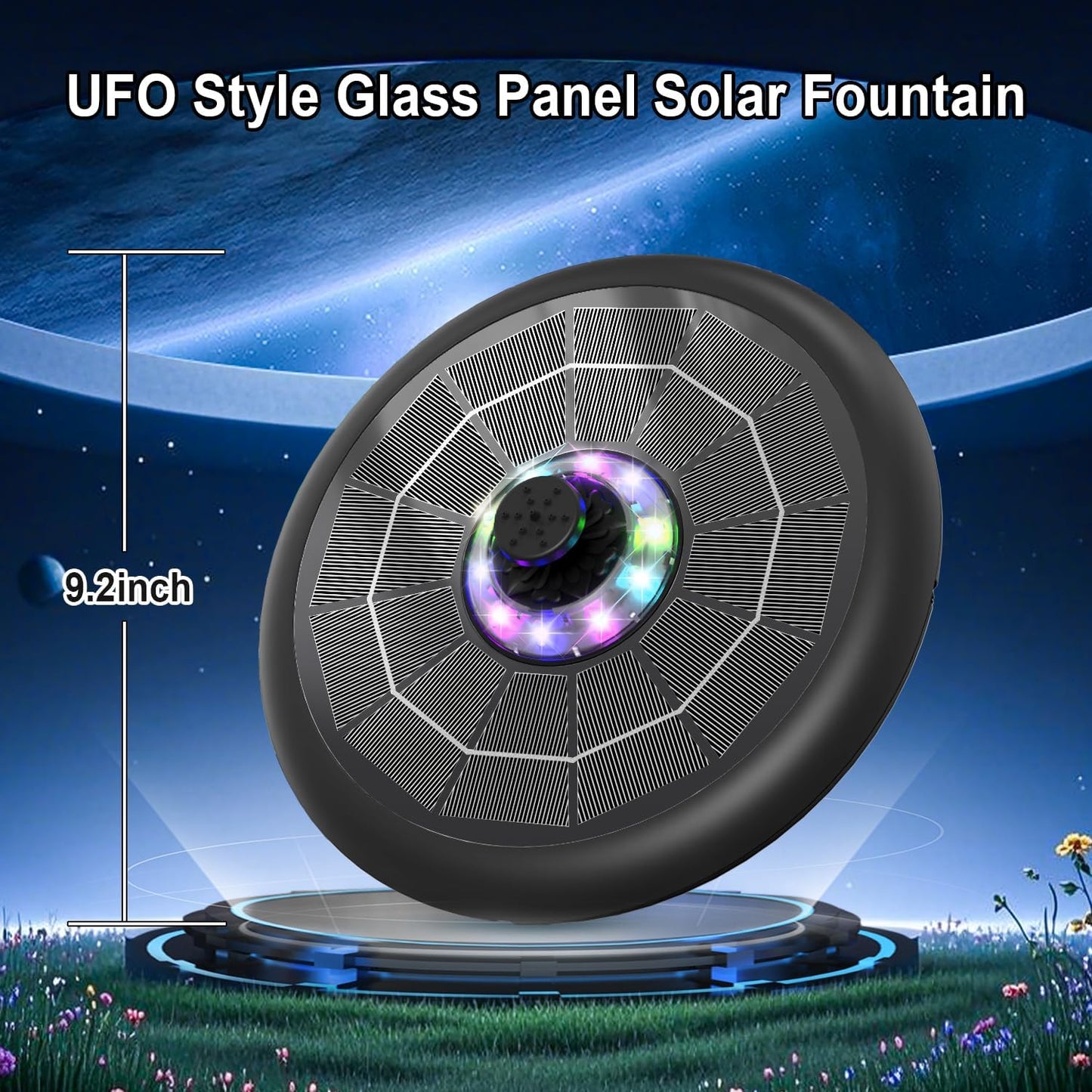Solar Fountain UFO Style, 2026 Upgrade 5W Glass Solar Panel Bird Bath Fountain with LED Lights, 4000mAh Backup Battery, 7 Nozzles for for Garden, Pond, Pool, Patio Outdoor Water Feature