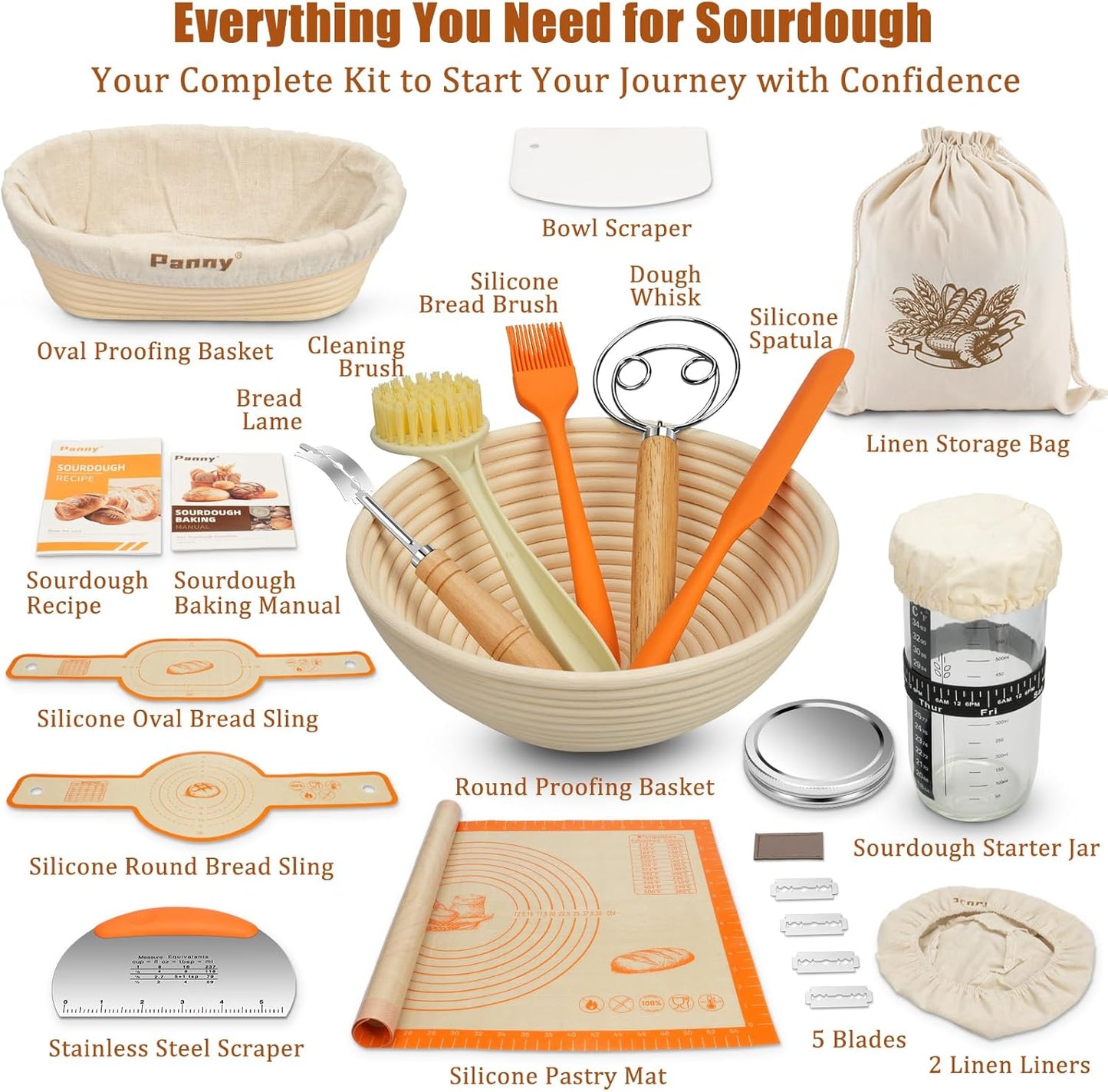 Panny Sourdough Starter Kit, Banneton Bread Proofing Basket with Glass Sour Dough Starter Jar, Sourdough Bread Baking Supplies, Making Tools, 9" Round & 10" Oval Baskets, Complete Gift for Men Women