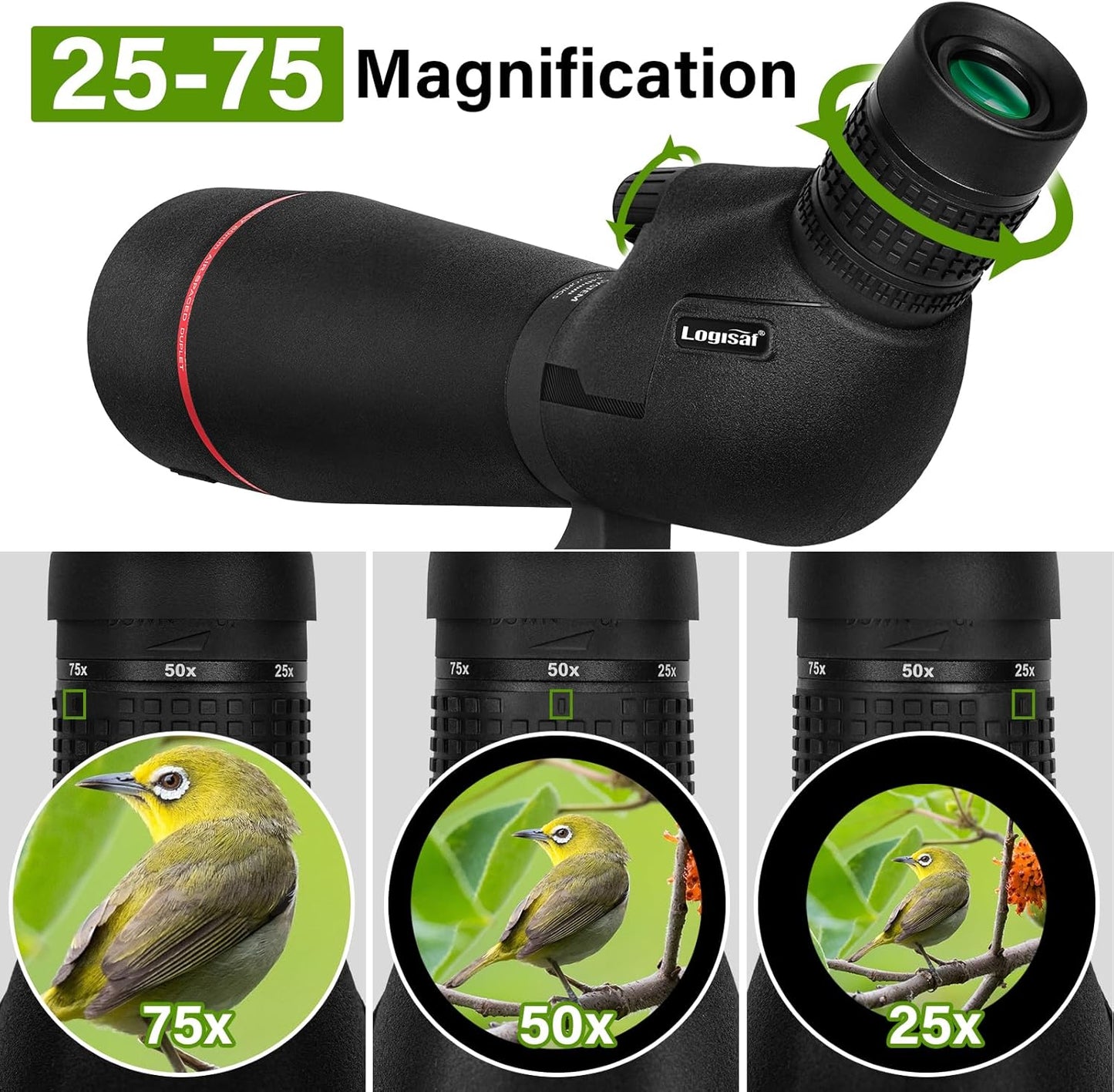 25–75x80 HD Spotting Scope for Bird Watching & Target Shooting, BAK4 Prism Angled Spotter Scope with Tripod & iPhone Adapter, Waterproof Fogproof Birding Scope for Hunting & Wildlife Viewing