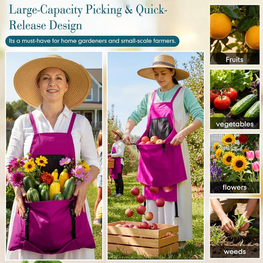 Cuffbow 2 Pack Harvest Gardening Aprons with Pockets for Women & Men Garden Picking Apron with Fast-release Buckle for Fruit Picking & Harvesting Gardening Tool Gifts for Mom Dad(fuchsia & turquoise)