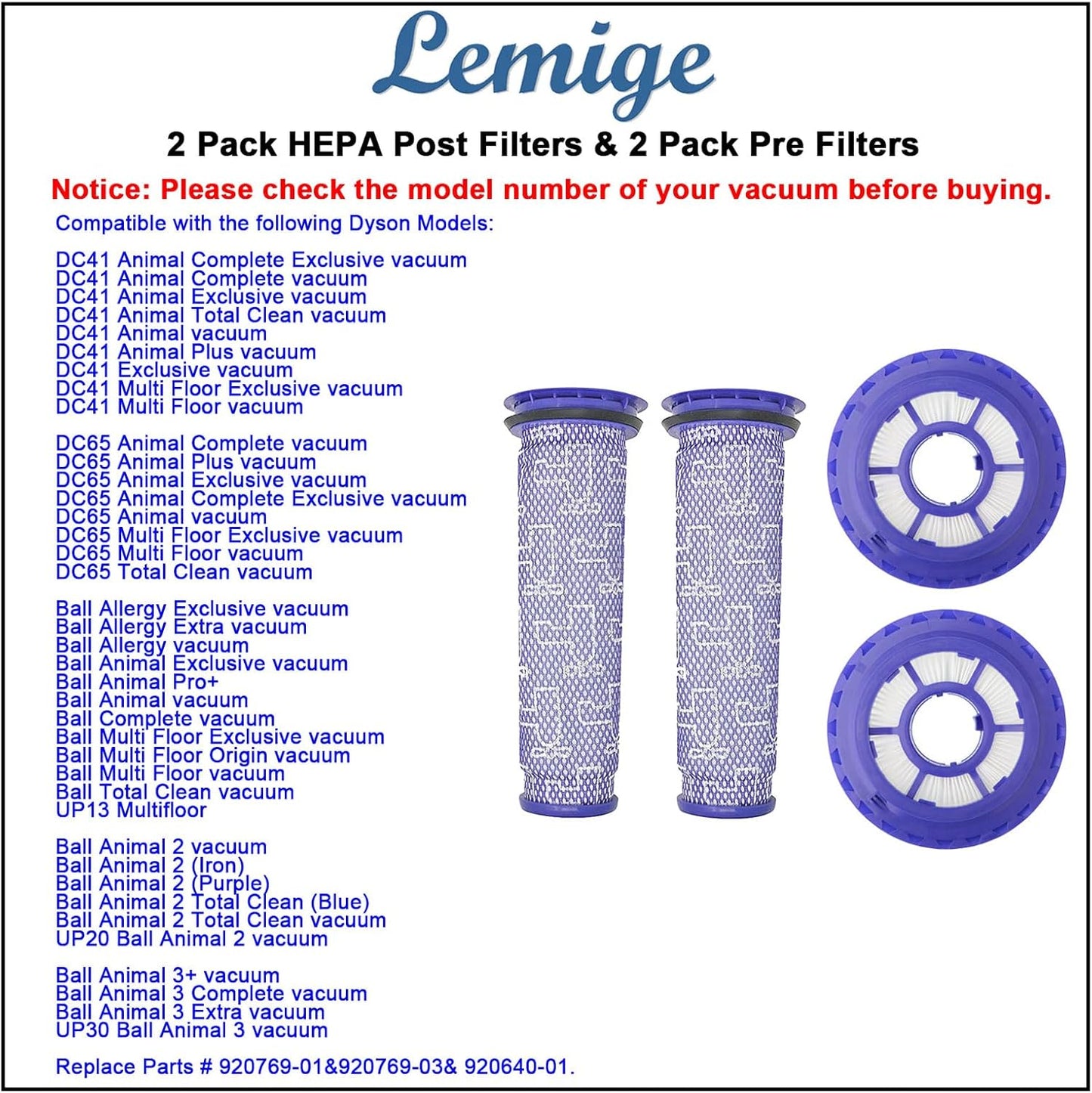 Lemige 2 Pack Post Filters & 2 Pack Pre Filters Replacement for Dyson DC41 DC65 DC66 UP13 UP20 UP30 Animal, Multi Floor and Ball Vacuum Ball Animal 2 Ball Animal 3, Compare to Part 920769-01&920640-01