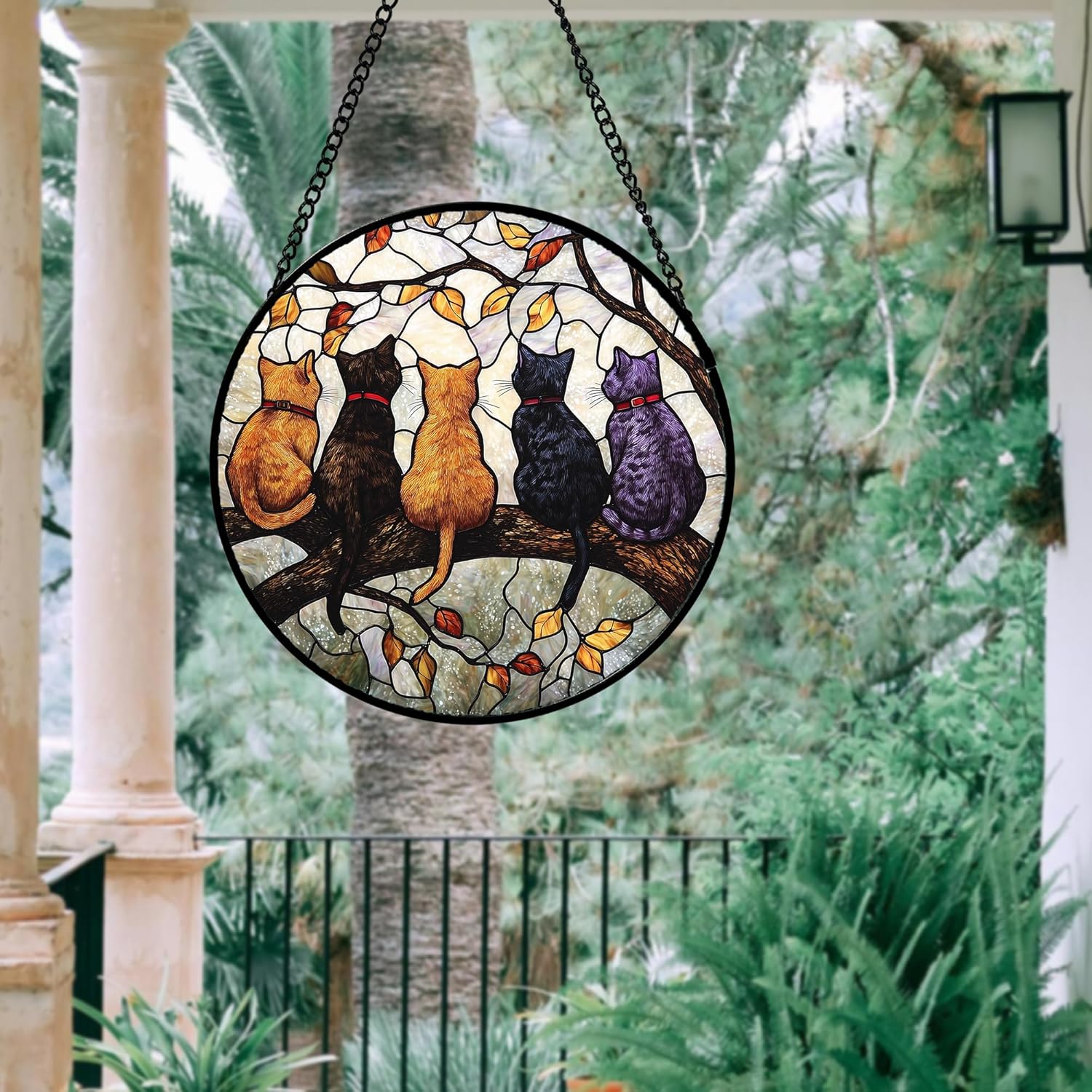 Stained Glass Window Hanging - 5 Cats on a Branch Suncatcher for Windo