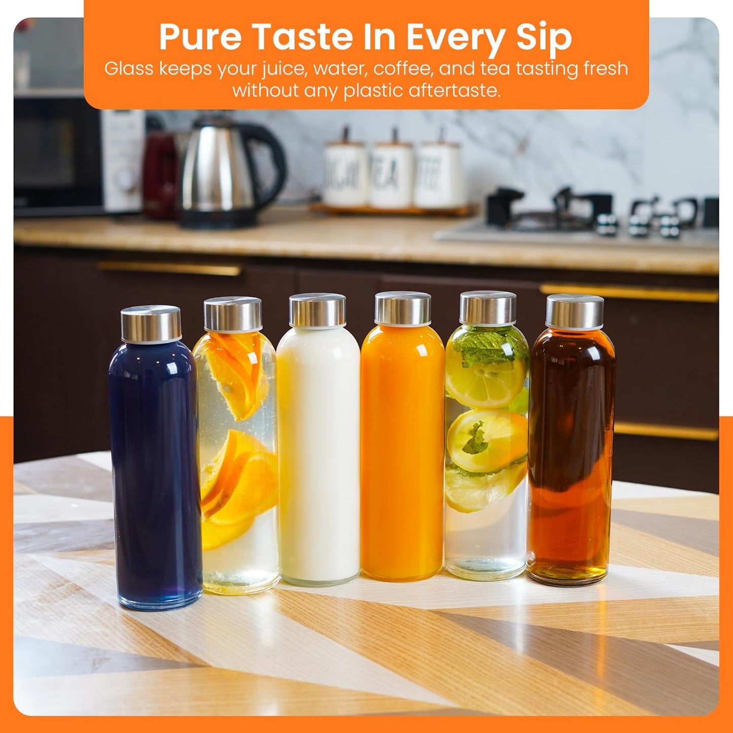 Epica Clear Glass Bottles with Lids, 18oz Resuable Glass Water Bottles