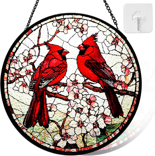 Cardinal Stained Glass Window Hanging Sun Catcher Glass Panel with Metal Chain and Hook Suncatcher Indoor Window Decor Home Garden Decoration Gift for Bird Lovers Women Mother's Day Christmas