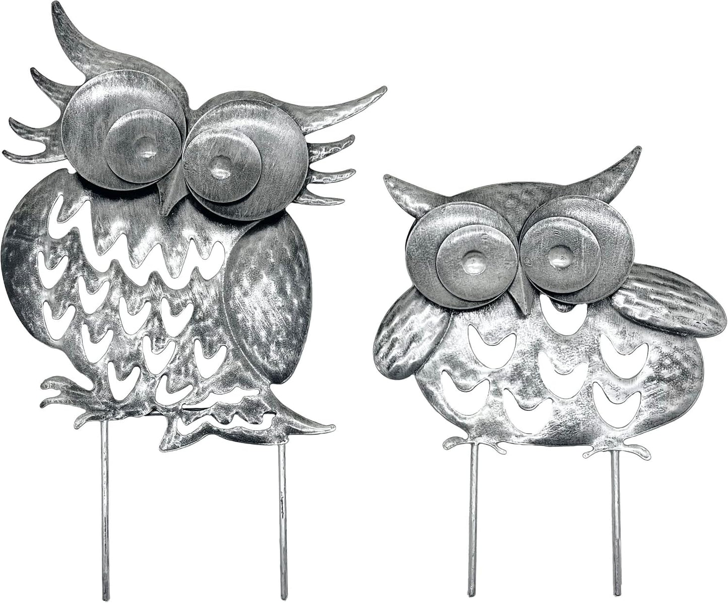 Pack of 2 Metal Owl Garden Statues Silver Silhouette Stakes Decorative Outdoor Animal Sculptures for Yard Decor and Lawn Ornaments