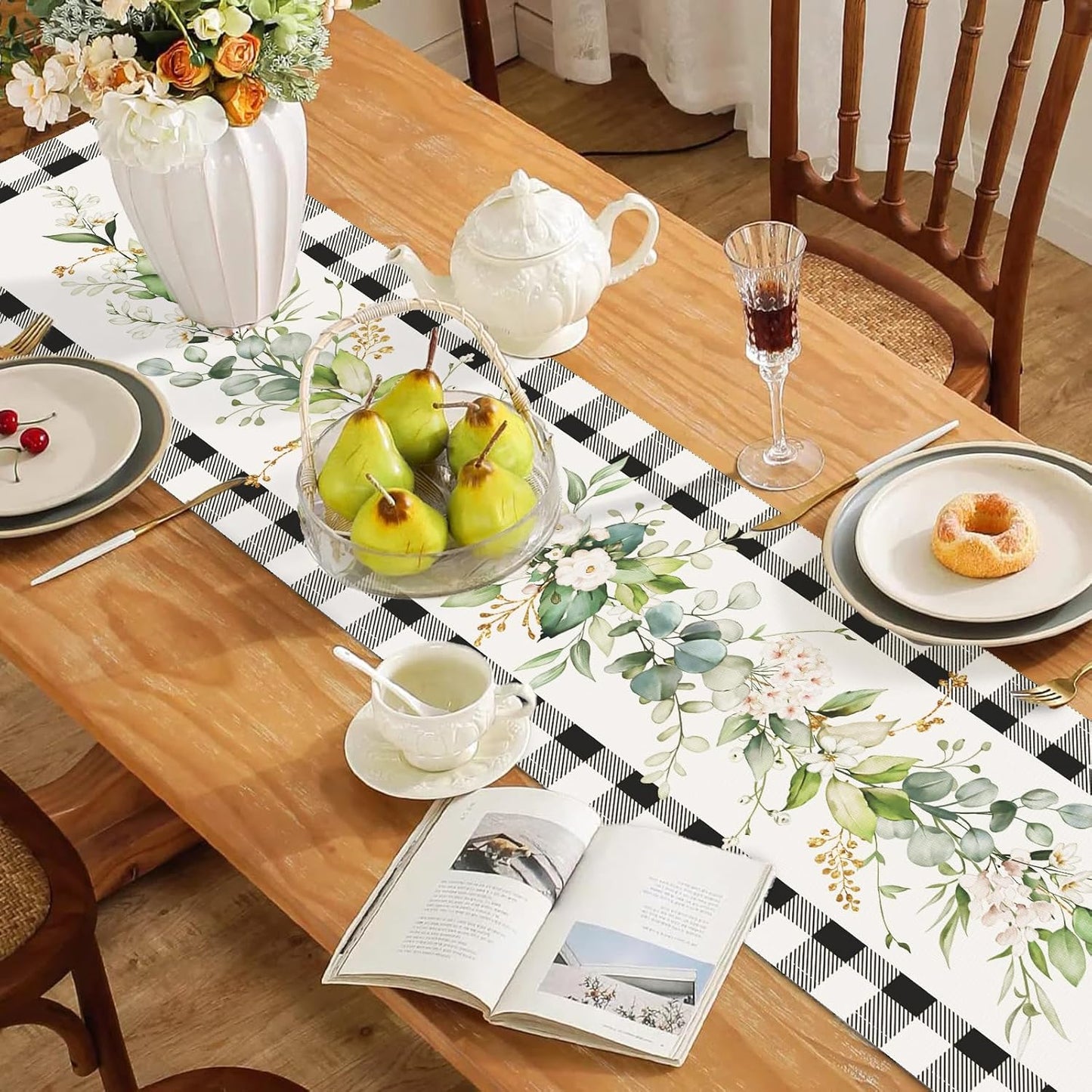 Bonhause Green Eucalyptus Leaves Flowers Table Runner 13x72 Inch Black White Buffalo Plaid Spring Plants Kitchen Dining Table Decoration for Indoor Outdoor Home Party Decor