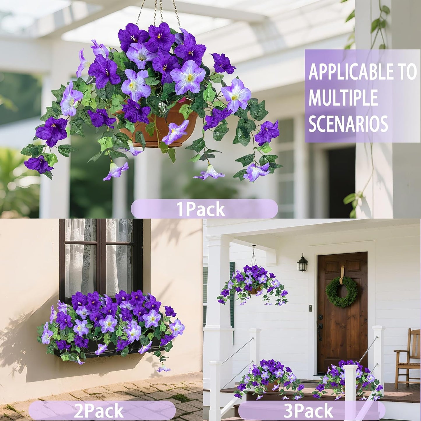 2Pcs Artificial Hanging Flowers for Outdoors, Fake Outdoor Flowers Faux Petunias Silk Flowers for Outdoor planters UV Resistant for Home Garden Balcony Yard Porch Patio Decor (Purple-White)