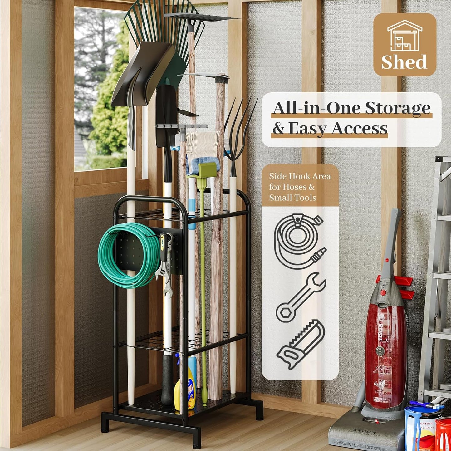 Garden Tool Organizer, Garage Tool Storage Rack, Heavy Duty Metal with Side Pegboard & Adjustable Hooks, Utility Racks for Shed, Patio & Outdoor Use