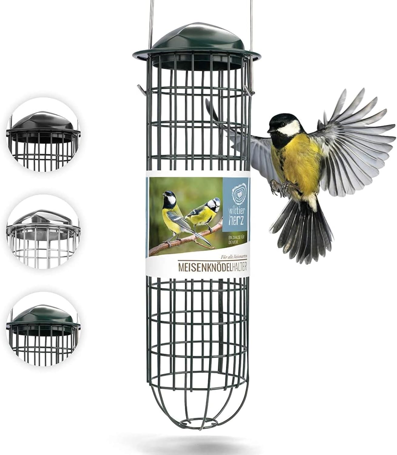 Wild Animal Heart | Fat Ball Holder 12" - 5 Year Guarantee - Made of rustproof Metal Bird Feeding Station for Fat Balls - Ecological Bird Feeder (31cm, Green)