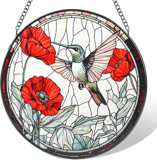 Stained Glass Window Hanging, Hummingbird and Red Flowers Sun Catcher for Door Garden Kitchen Home Decor, Suncatchers for Christmas Mother's Day Birthday Gifts for Bird Lovers Women Men Mom 7.8 in
