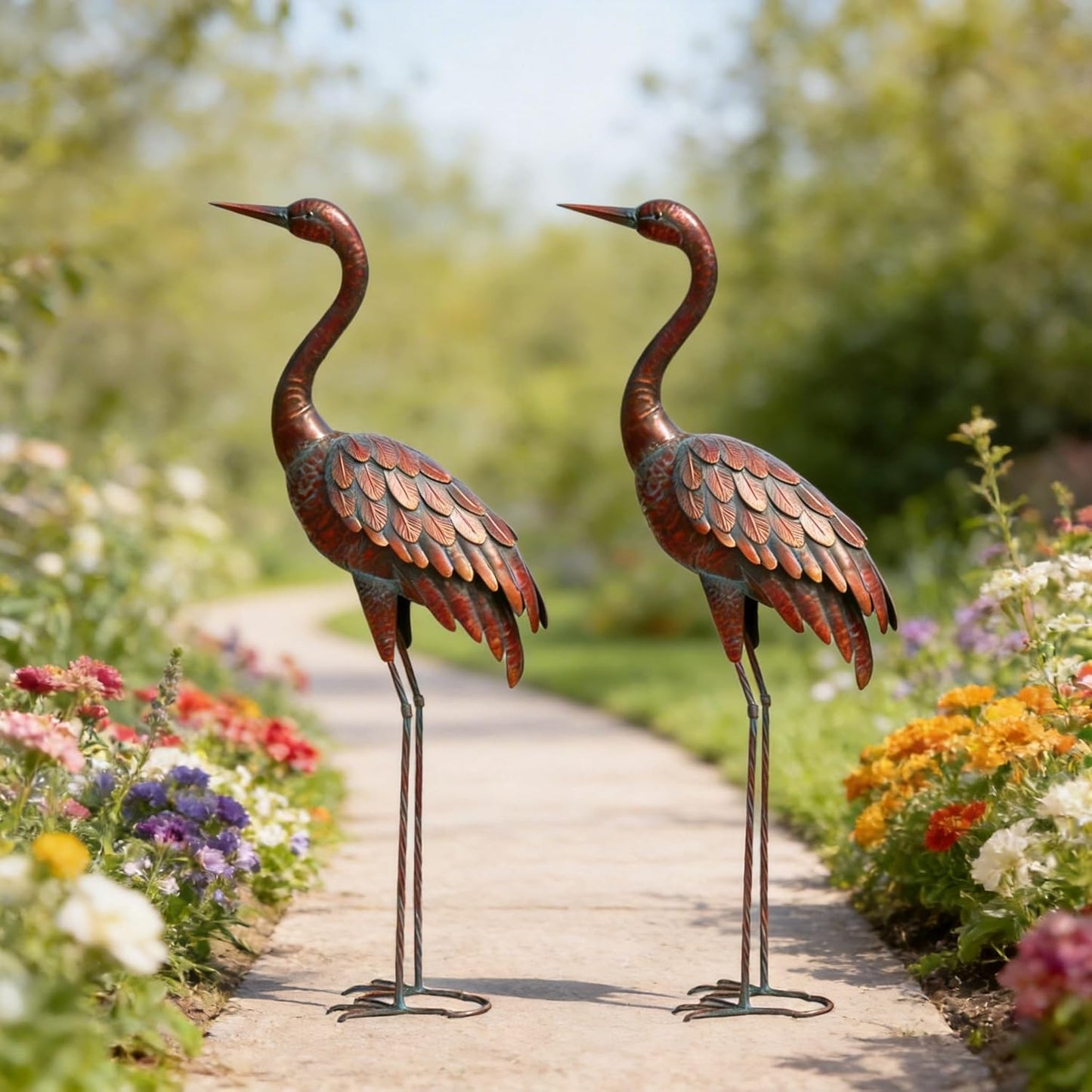 chisheen 2PCS Garden Crane Statues Outdoor Sculptures Metal Yard Art Statue for Garden Decoration Large Size Set of 2
