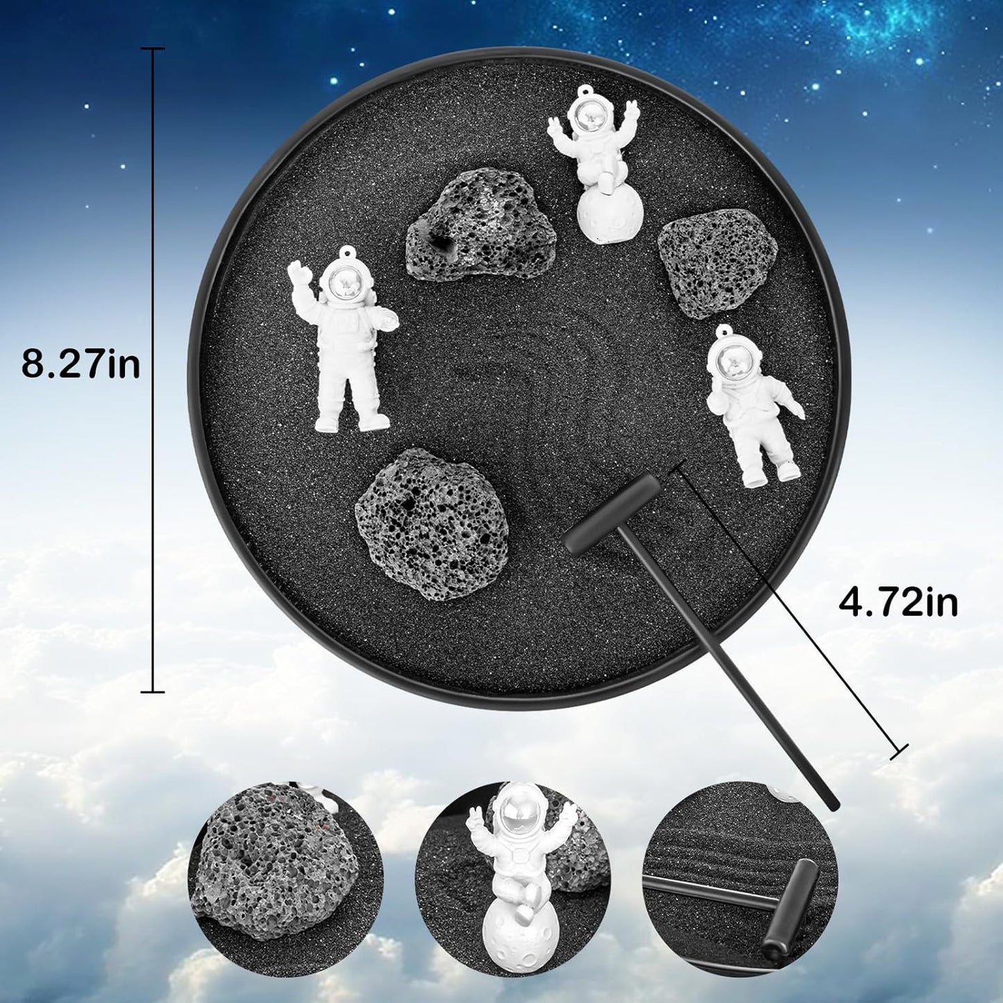 Zen Garden Kit for Desk – 8.2" Mini Zen Garden Desktop Decor with Astronauts, Black Sand, Stones & Rake Home Office Desk Decorations, Unique Decoration Gifts for Family and Friend