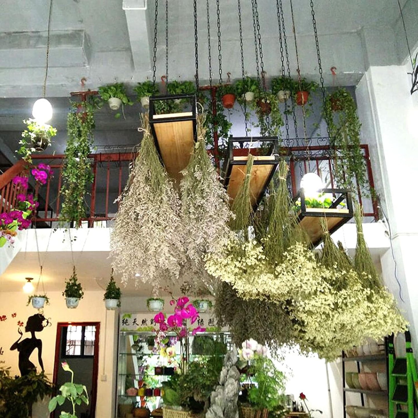 Creative Ceiling Shelf Plant Stand - Floating Flower Pot Rack, Wood & Metal Railing Shelf for Bar Decor, Indoor/Outdoor Display, 60x25x15cm, Perfect for Home & Garden