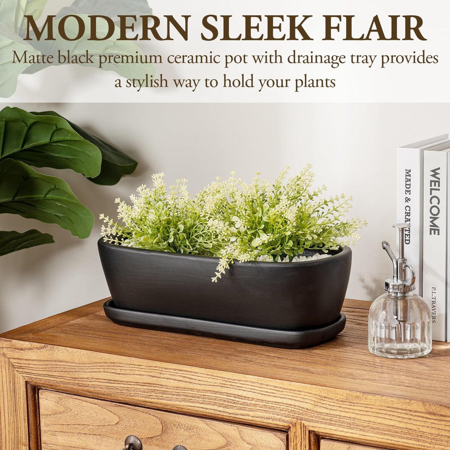MyGift 14 Inch Oval Modern Matte Black Ceramic Succulent Planter Pot w