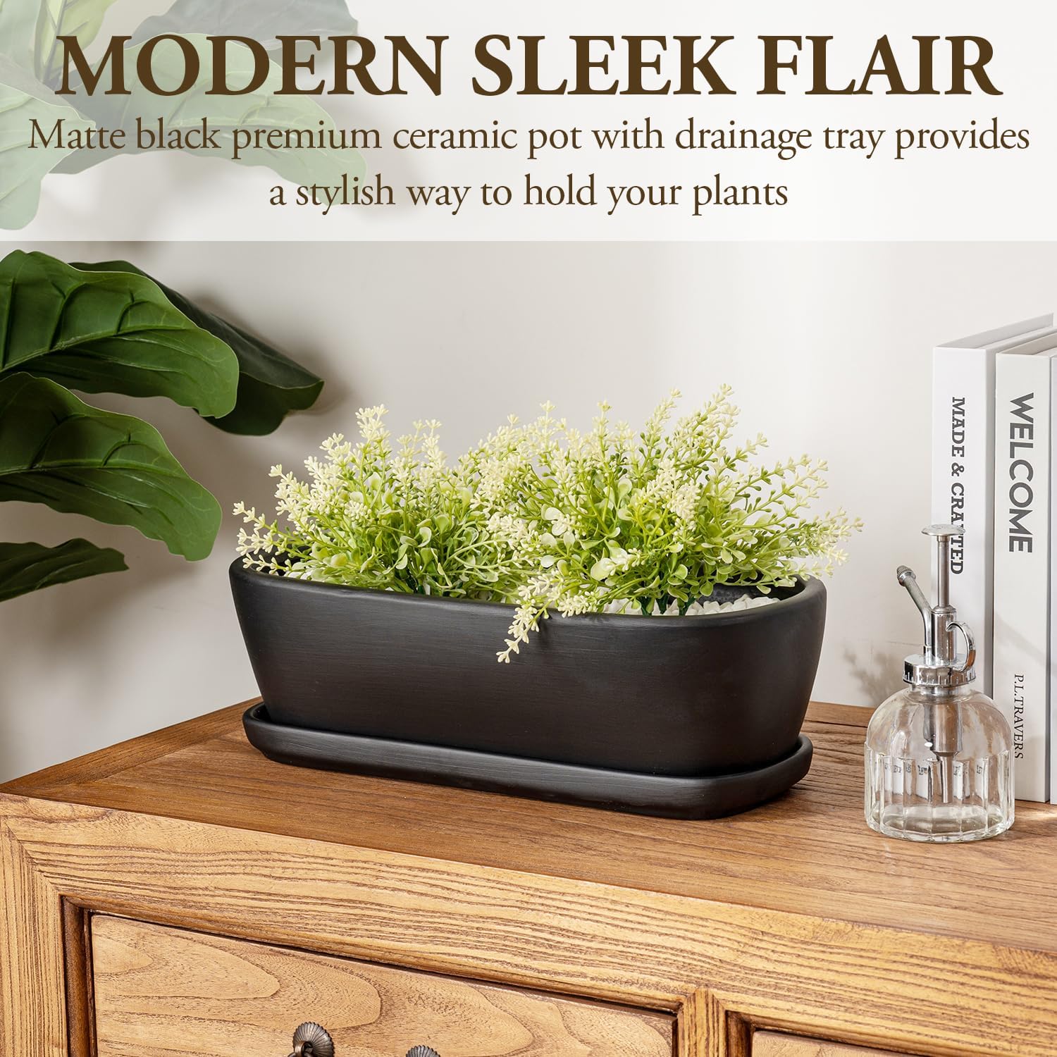 MyGift 14 Inch Oval Modern Matte Black Ceramic Succulent Planter Pot w