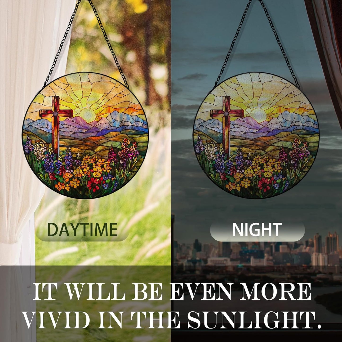 Cross Flower Suncatcher Stained Glass Window Hanging, Christian Wildflower Sunset Landscape Sun Catchers Indoor Window Glass Round Wall Decor, Religious Wall Art Hanging Decorations, ＂7.8x7.8＂