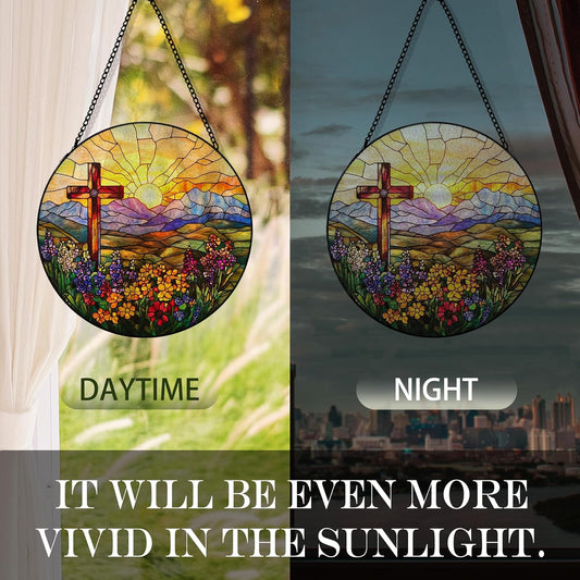 Cross Flower Suncatcher Stained Glass Window Hanging, Christian Wildflower Sunset Landscape Sun Catchers Indoor Window Glass Round Wall Decor, Religious Wall Art Hanging Decorations, ＂7.8x7.8＂
