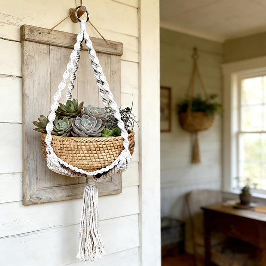 Boho Hanging Rattan Basket - 8.7” Woven Plant Hanger for Dried Flowers & Greenery - Decorative Macrame Wall Basket for Indoor Home Decor - Handmade Wicker Storage for Farmhouse, Living Room