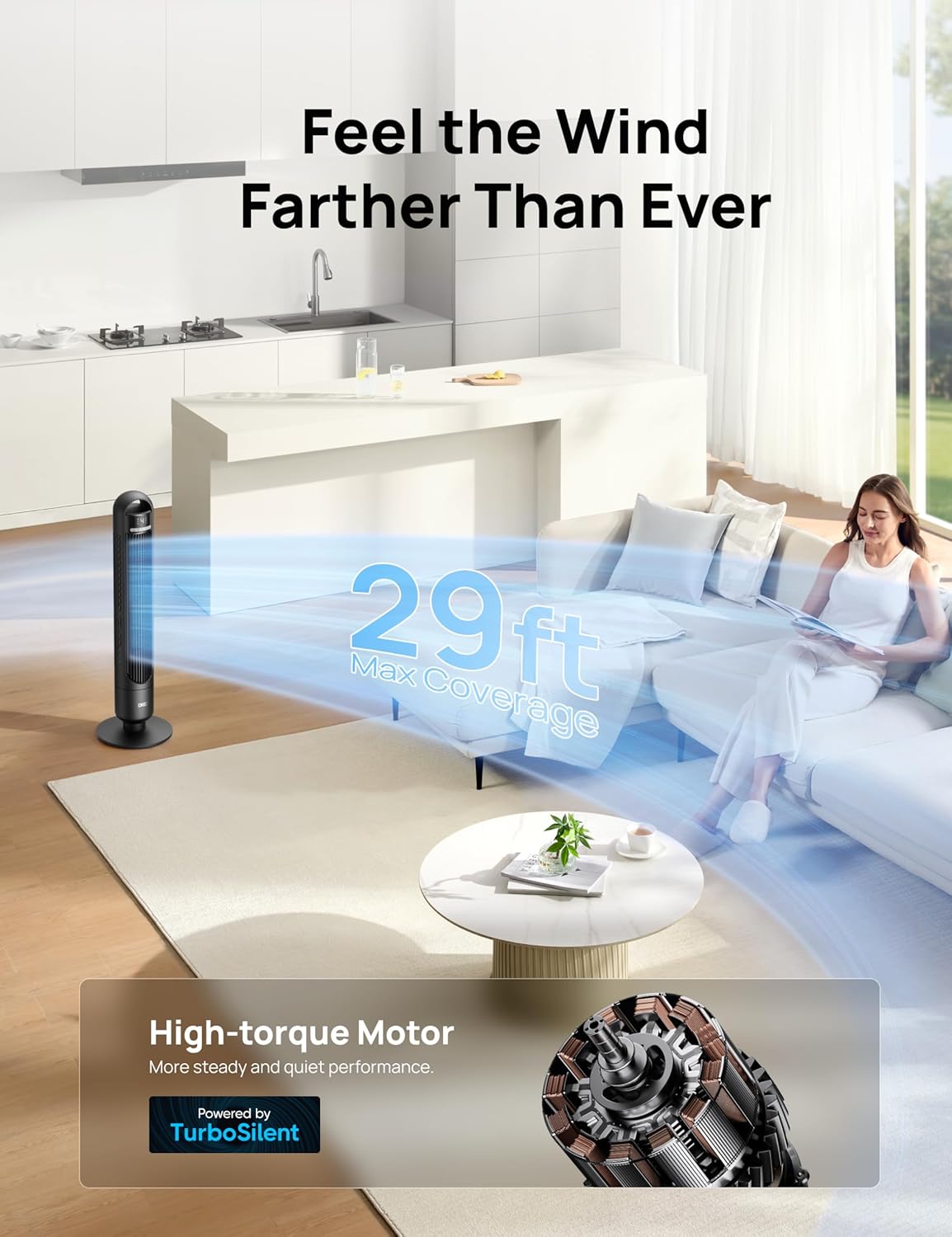 Dreo Tower Fan for Bedroom, 90° Oscillating Standing Fans for Room with 4 Speeds, 3 Modes, 28dB Quiet for Sleep, 25ft/s Velocity, 8H Timer, Remote, Living Room, Office, Home, Black
