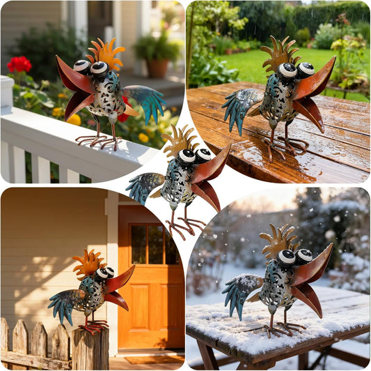 Art Deco Metal Rooster Garden Statue, Weatherproof Outdoor Indoor Deco