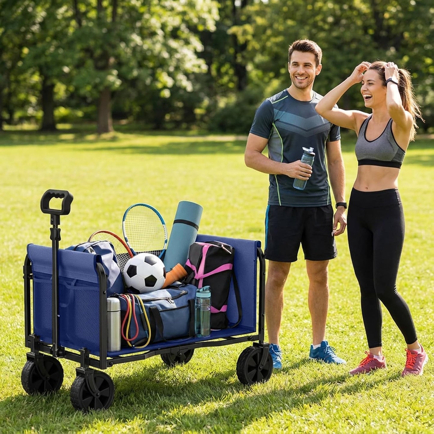 Portable Collapsible Wagon Cart, Foldable Cart with Removable Side, Utility Groceries Wagon for Dogs Pets Camping Beach Shopping Sports Gardeing Fishing, Blue