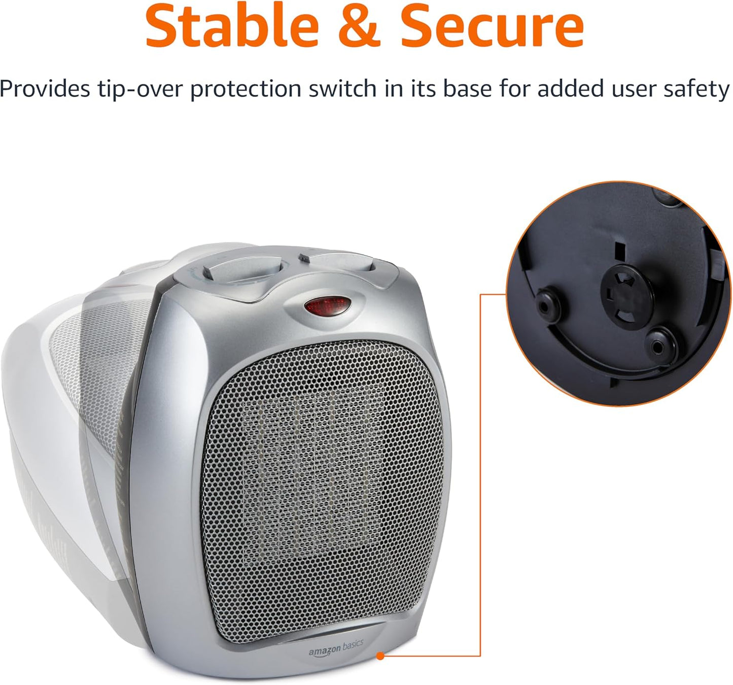 Amazon Basics Ceramic Space Heater, Portable Indoor Heating Solution, With Overheat and Tip-Over Protection, Thermostat, Non-Oscillating, 1500W, Fast Heating, 7.52"D x 6.34"W x 9.45"H, Silver