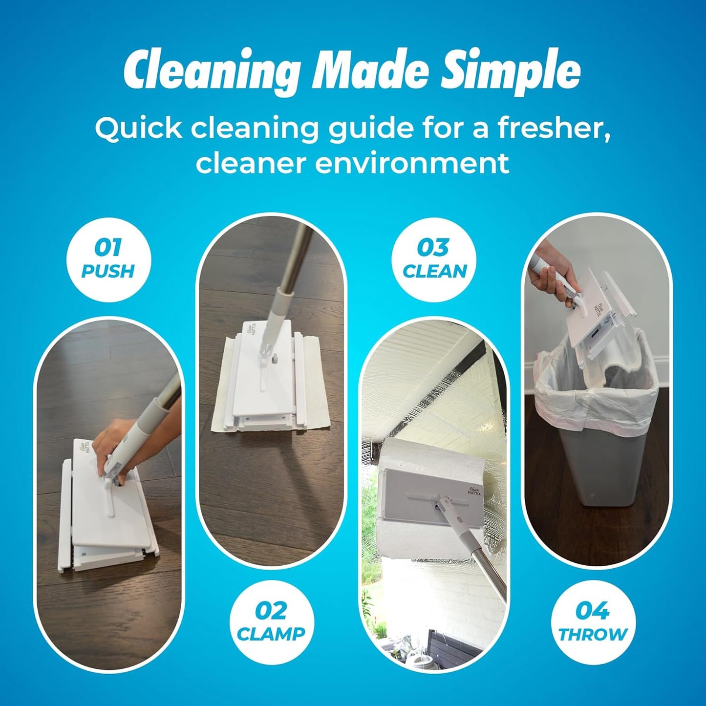 FlexiClamp Sweep & Mop Kit - Compatible with Swiffer Pads, Durable Cleaning Tool for Hardwood, Tile, Marble & Laminate Floors, Home, Kitchen Cleaning Essentials. (Include 10 Dry Cloths)