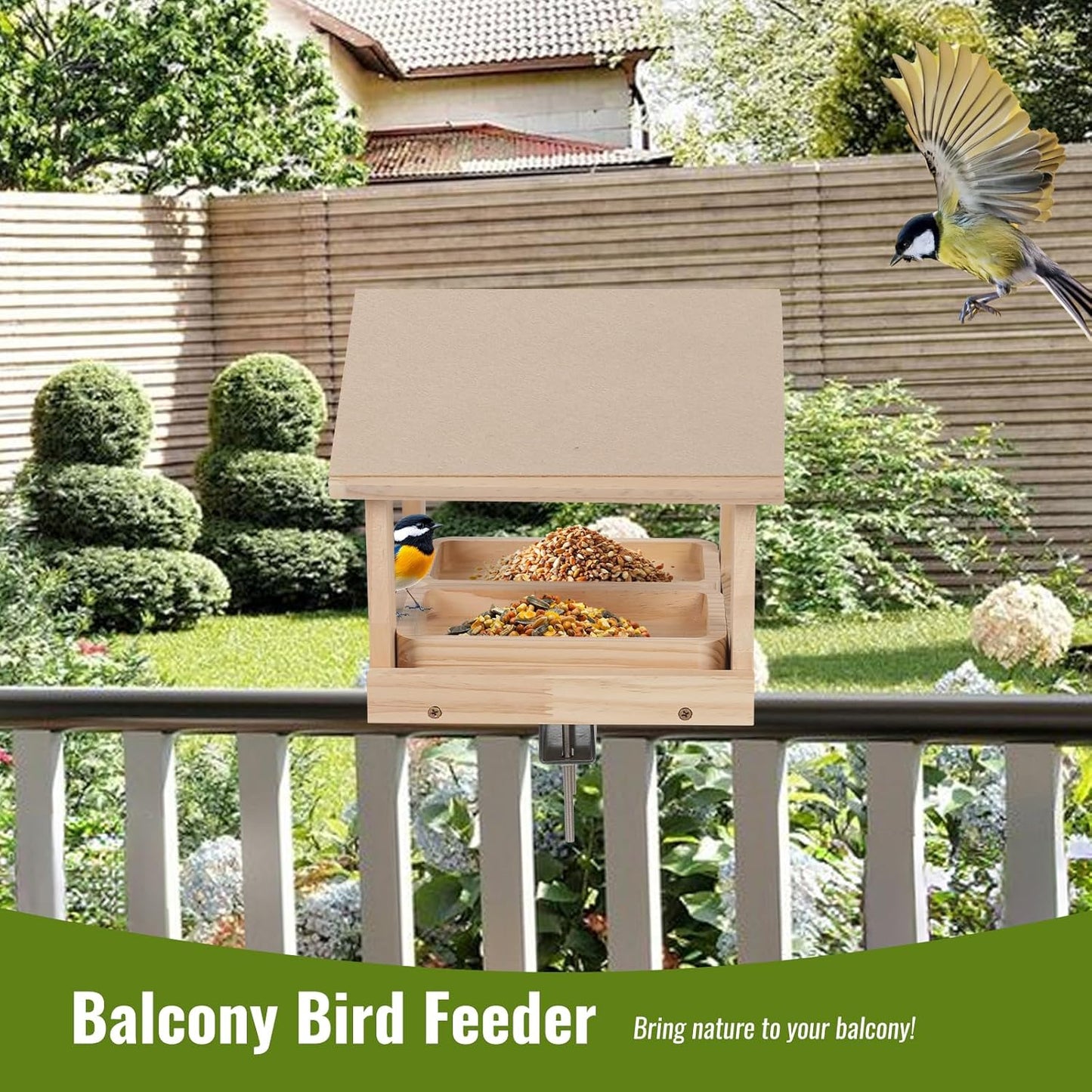Wooden Bird Feeder with 2 Trays Metal Bracket Railing Mount Balcony Birdfeeder Large Capacity Weatherproof Platform Wild Bird Feeding House for Cardinals Finches Garden Yard Decoration