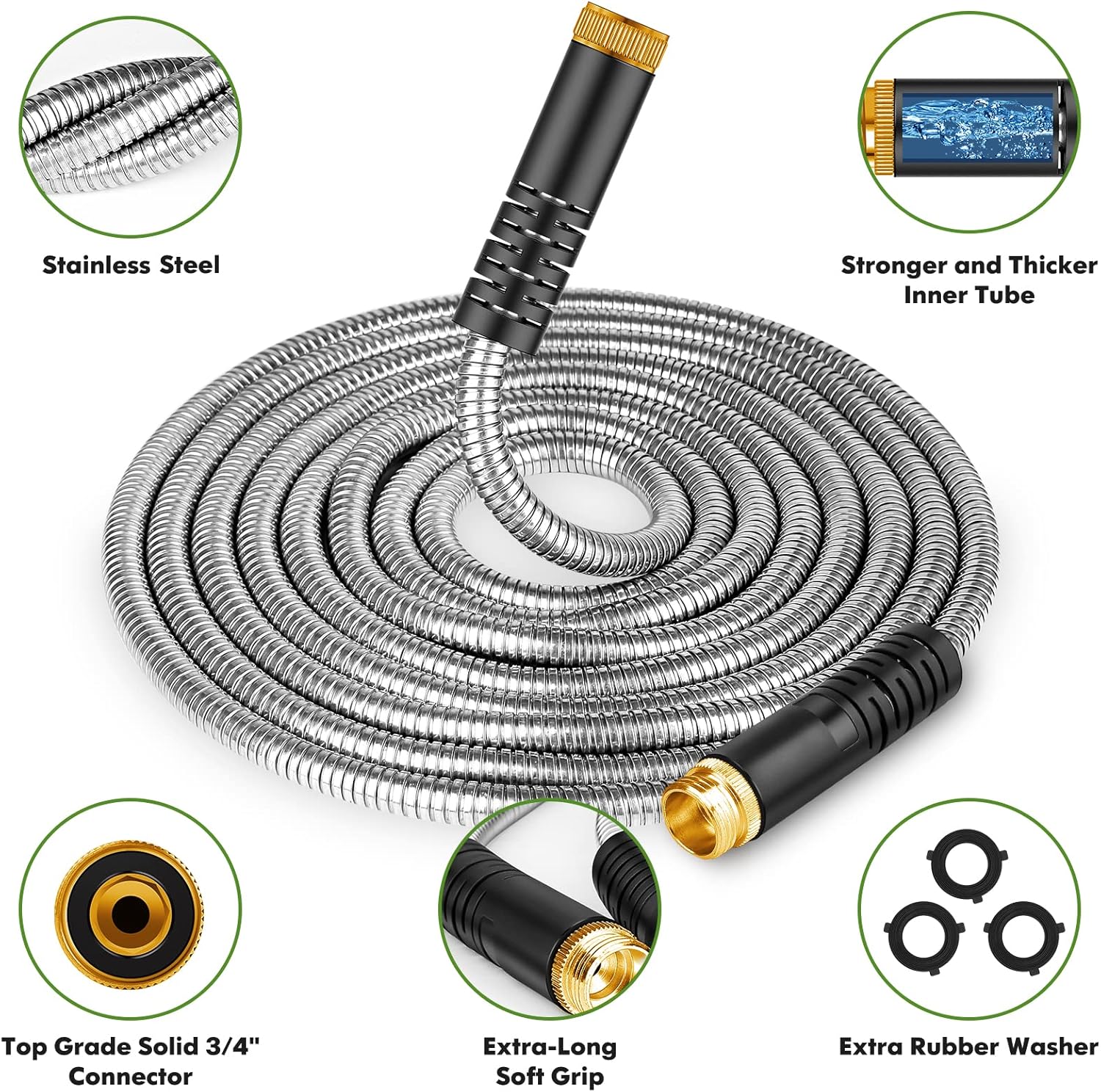 Garden Hose 50ft, Stainless Steel Water Hose with 10 Function Nozzle F