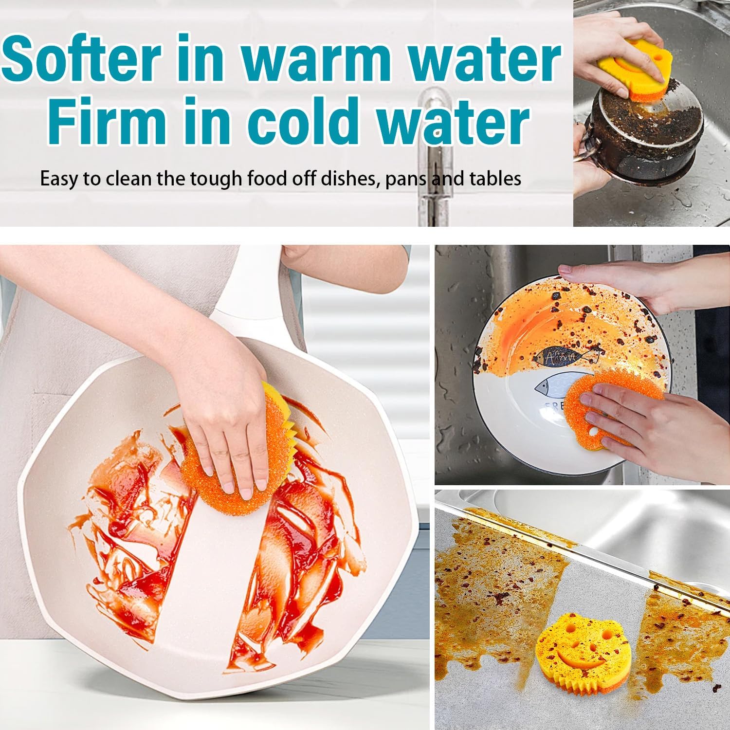 SmilePowo 5 Pack Scrub Sponge, Dual-Sided Temperature Controlled Kitch