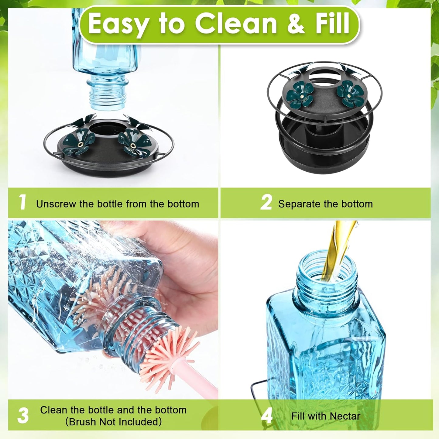 20oz Glass Hummingbird Feeder for Outdoors Hanging, Bird Nectar Feeder with 4 Bee Guard Flower-Shaped Feeding Ports & Built-in Ant Moat, for Bird Lover, Blue (2 Pack)